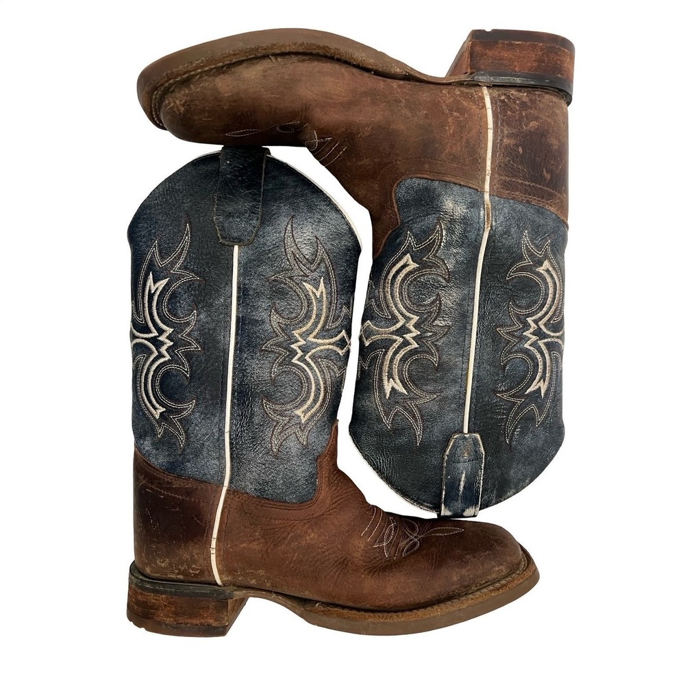Old West Kids Brown Navy Blue Leather Square Toe Cowboy Boots BSY1901 Size 4.0Y